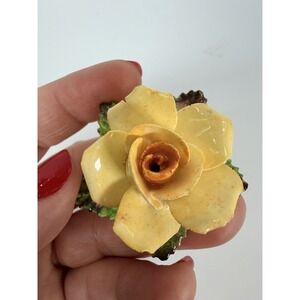 Yellow Rose Brooch Pin‎ with Green Leaves Denton China England Porcelain Flower